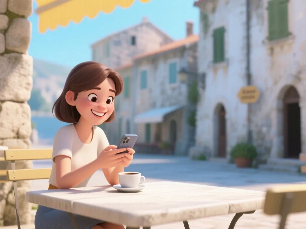 Eine junge Frau lernt auf einer Café-Terrasse mit dem Smartphone