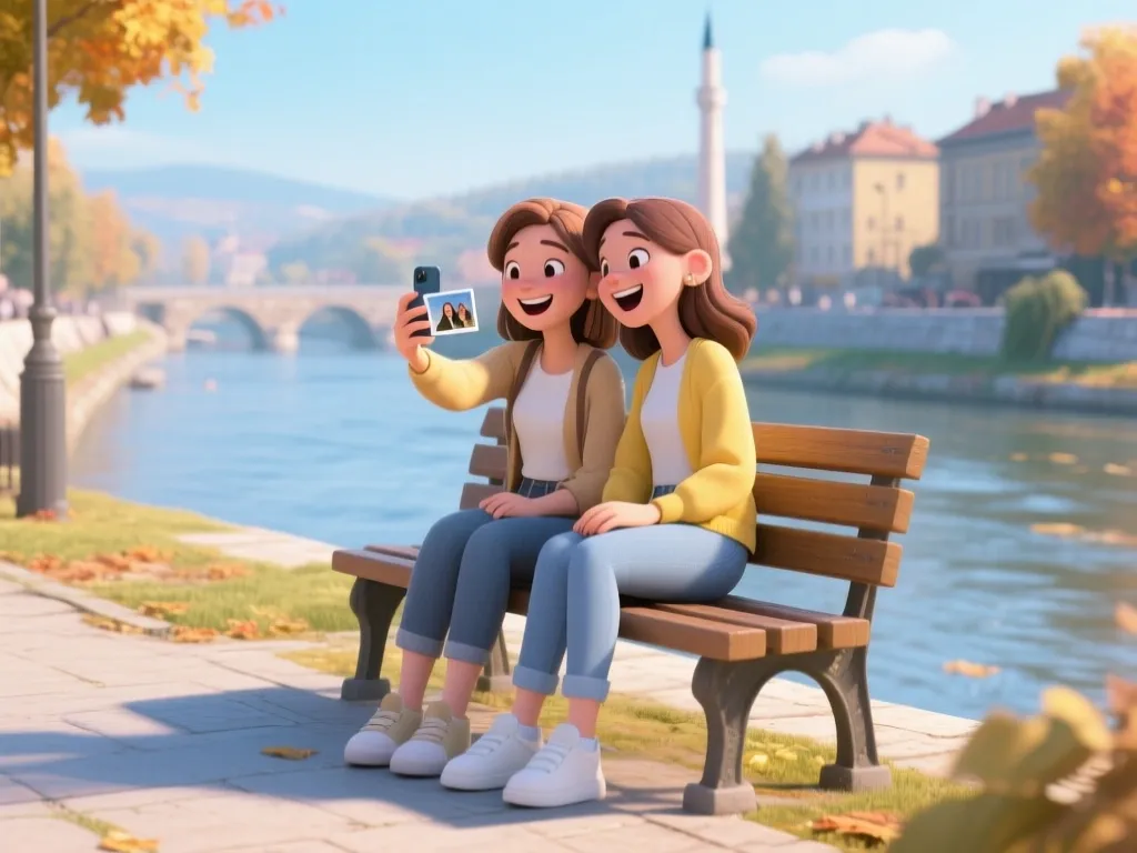 Zwei junge Frauen sitzen an einem Herbstnachmittag auf einer Bank am Fluss in Sarajevo und schauen sich Fotos auf dem Handy an