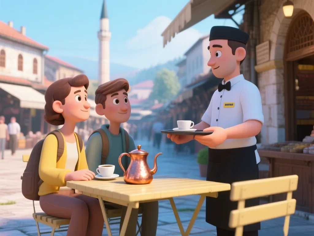Zwei Reisende bestellen in einem Café in der Altstadt von Sarajevo bosnischen Kaffee