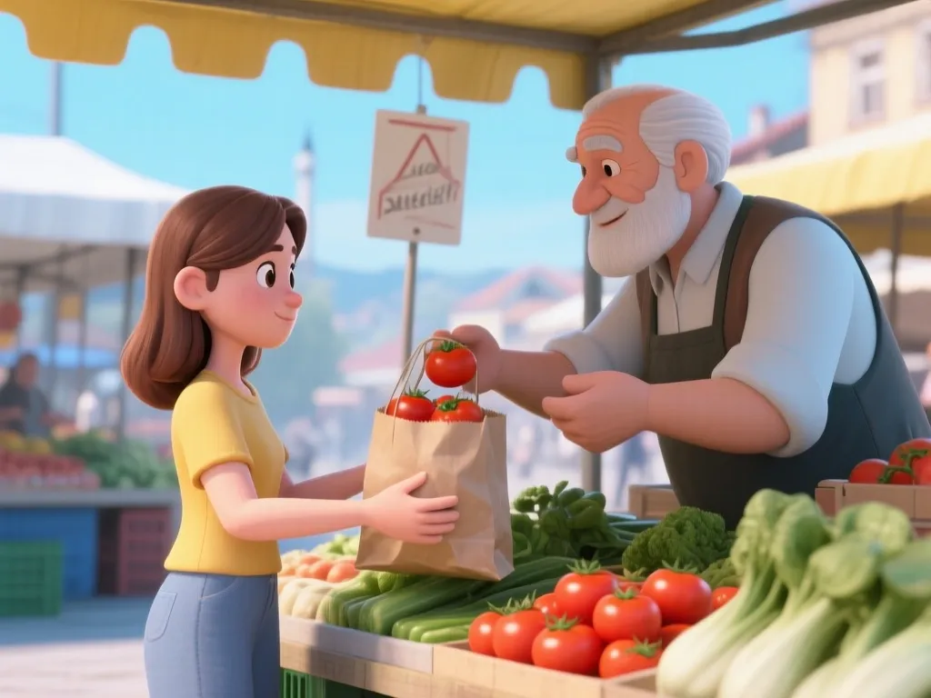 Junge Frau kauft an einem Marktstand in Sarajevo Gemüse, der ältere Verkäufer reicht ihr eine Tüte Tomaten