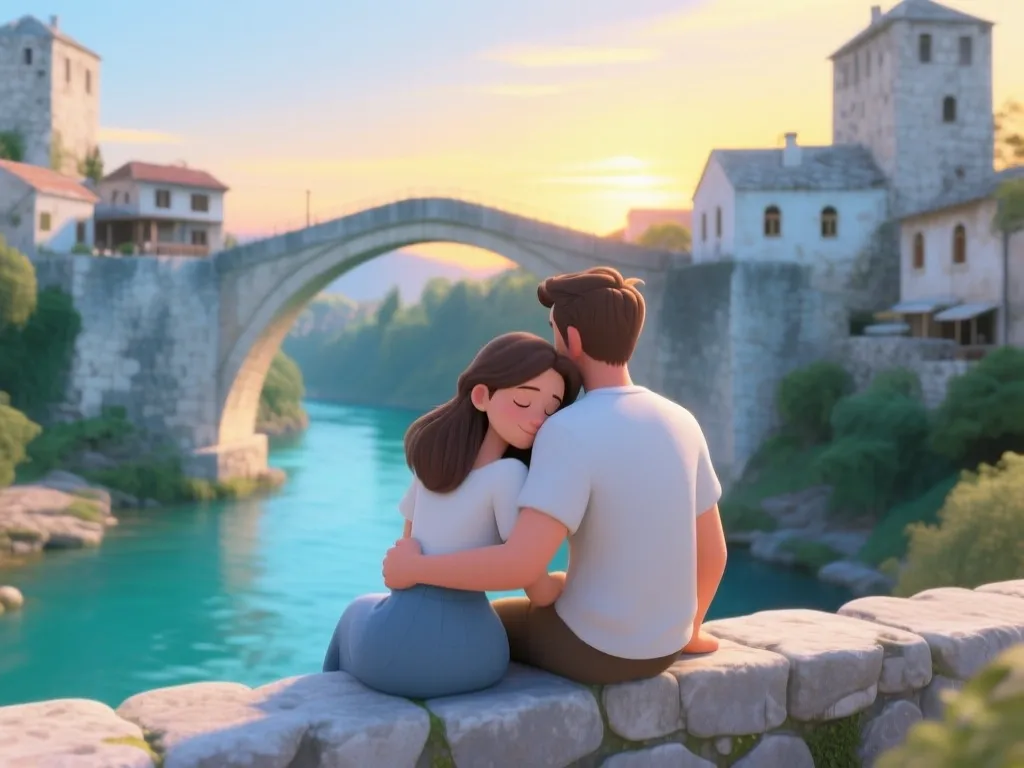 Ein junges Paar sitzt bei Sonnenuntergang eng beieinander auf der Brücke von Mostar