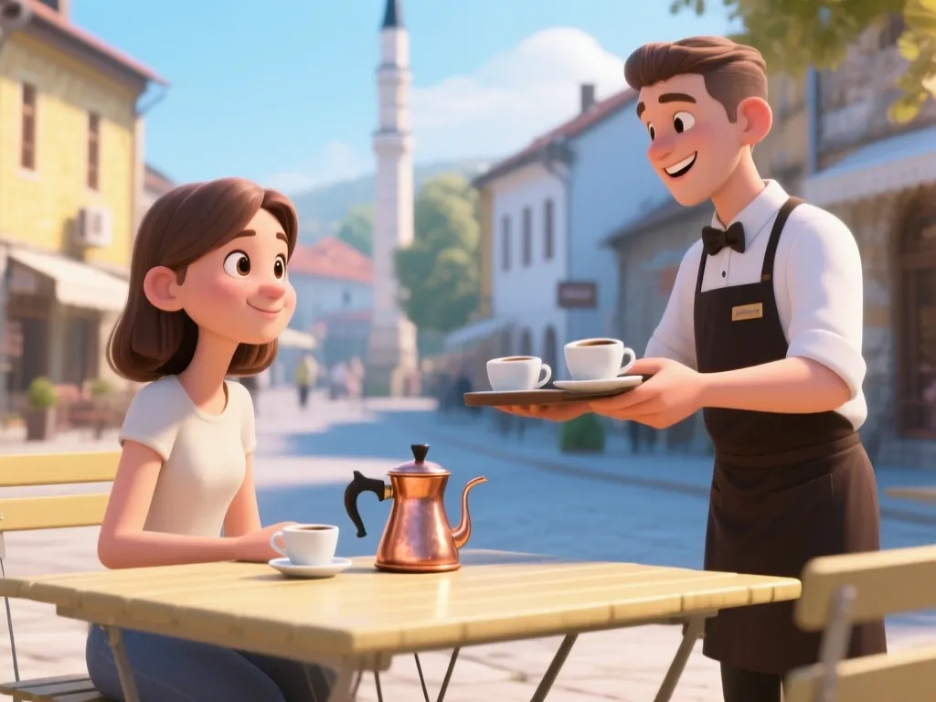 Eine junge Frau bestellt in einem Straßencafé in der Altstadt von Sarajevo einen Kaffee