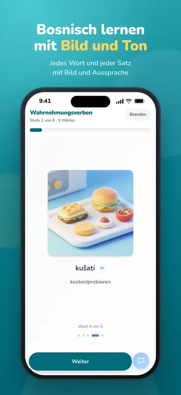 Lernkarte in der App: das Wort kušati mit Bild und Aussprache