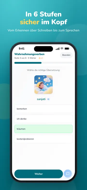 Stufe 3 einer Lektion: die richtige Übersetzung für sanjati auswählen