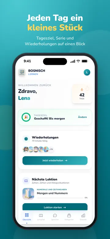 Startseite der App mit Tagesziel, Serie, fälligen Wiederholungen und nächster Lektion